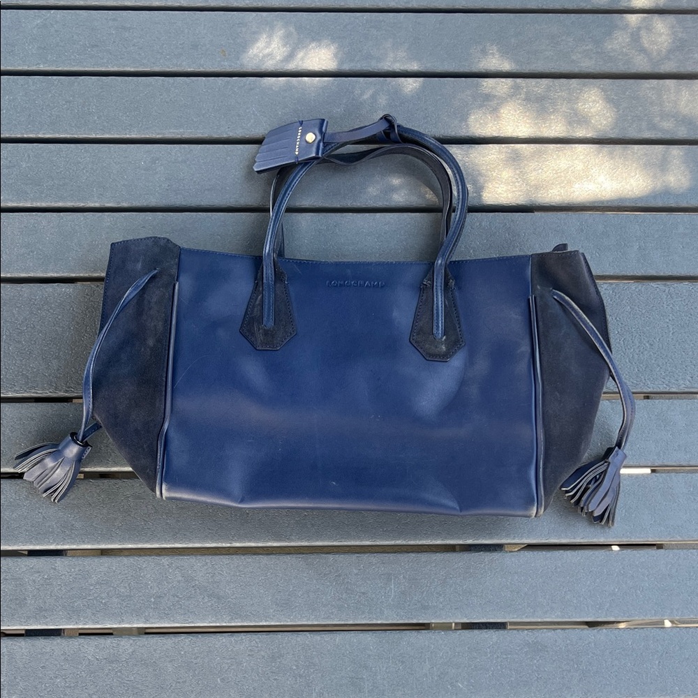 Longchamp; Navy Blue; Leather & Suede Tote; Leather tassels; 13.5 x 5.5 x 10in